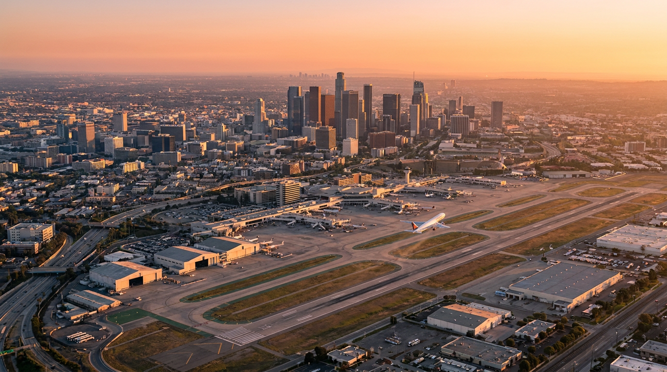 Vista aérea de ciudad y aeropuerto al atardecer