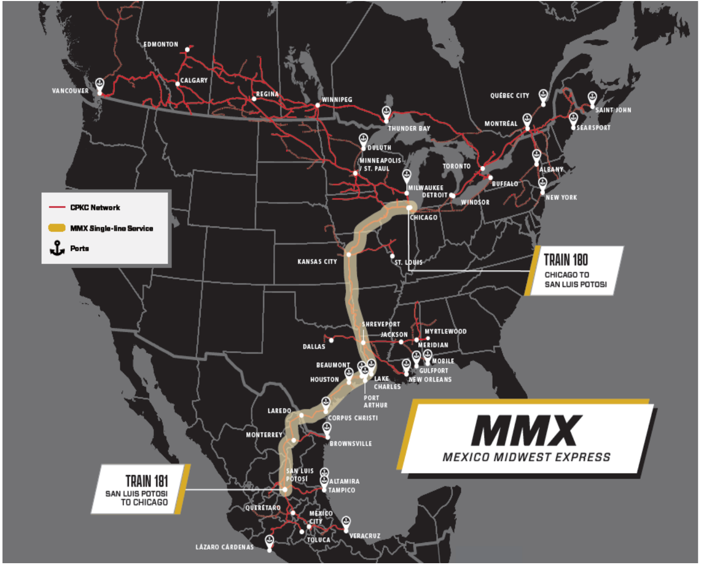 Mapa de ruta ferroviaria MMX Mexico Midwest Express