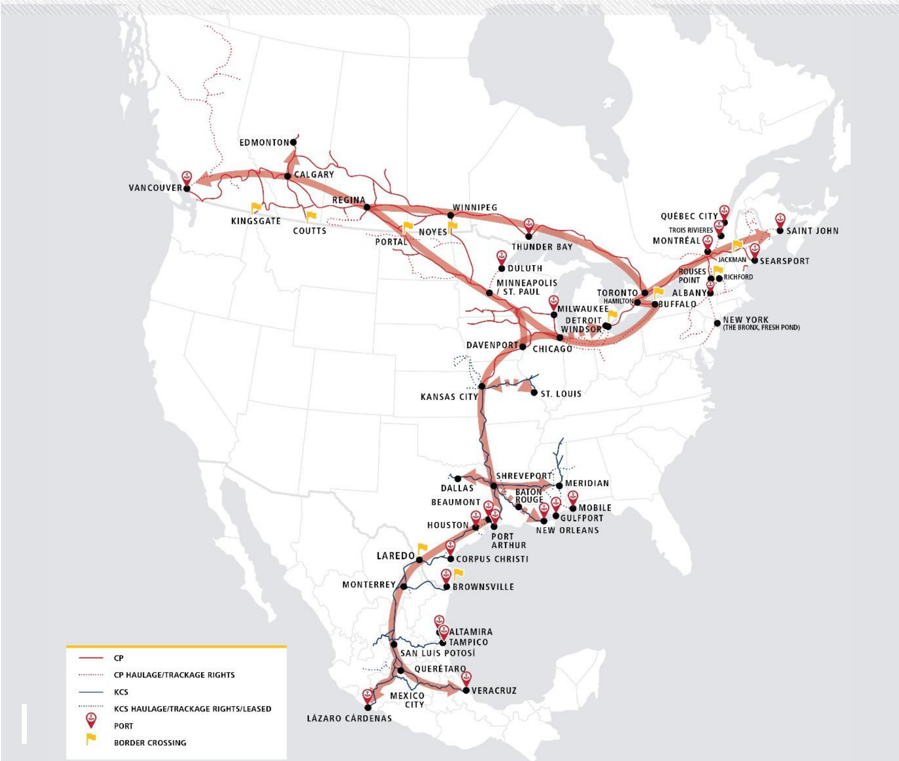 Mapa de la red ferroviaria completa Canad&aacute;-Estados Unidos-M&eacute;xico