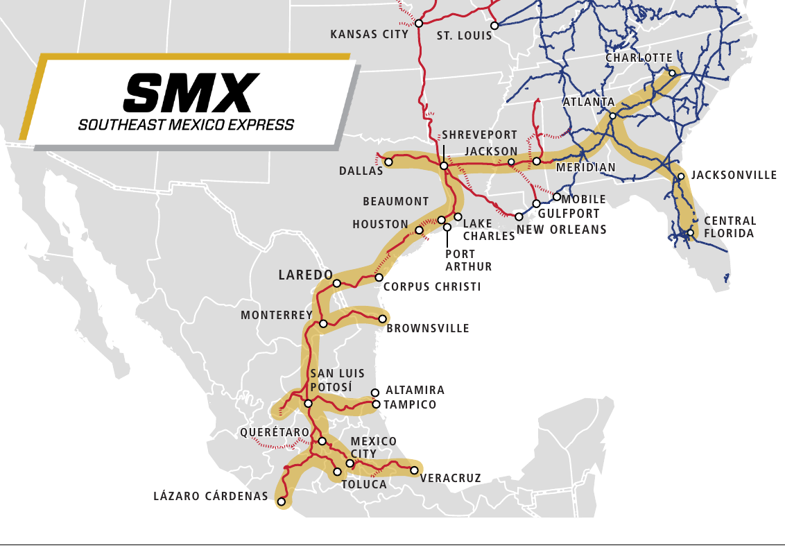 Mapa de ruta ferroviaria hacia el sureste de Estados Unidos